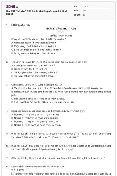 Giải SBT Ngữ văn 12 CD Bài 3: Nhật kí, phóng sự, hồi kí có đáp án