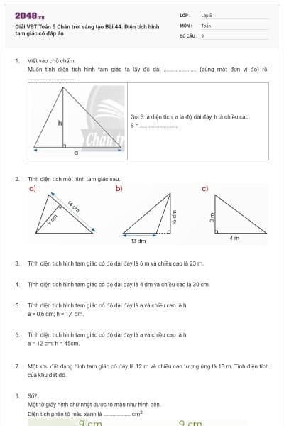 Giải VBT Toán 5 Chân trời sáng tạo Bài 44. Diện tích hình tam giác có đáp án