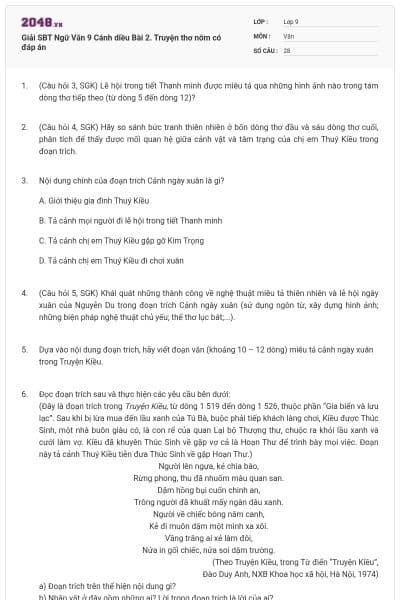 Giải SBT Ngữ Văn 9 Cánh diều Bài 2. Truyện thơ nôm có đáp án