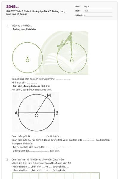 Giải VBT Toán 5 Chân trời sáng tạo Bài 47. Đường tròn, hình tròn có đáp án