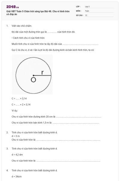 Giải VBT Toán 5 Chân trời sáng tạo Bài 48. Chu vi hình tròn có đáp án