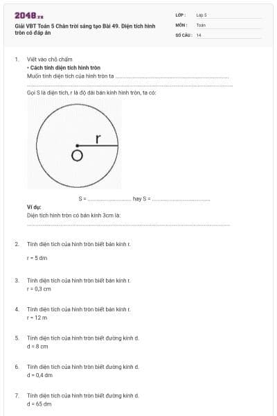 Giải VBT Toán 5 Chân trời sáng tạo Bài 49. Diện tích hình tròn có đáp án