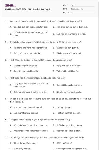 Đề kiểm tra GDCD 7 Kết nối tri thức Bài 3 có đáp án
