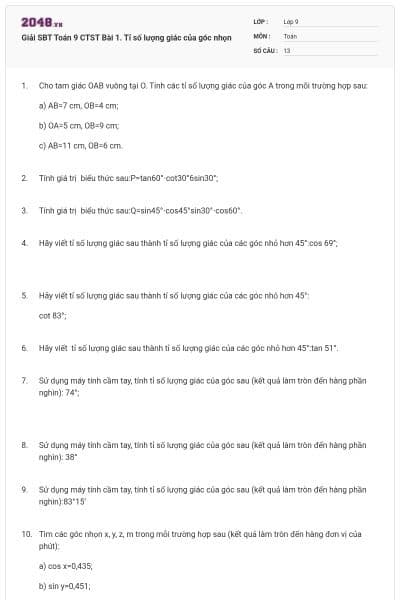 Giải SBT Toán 9 CTST Bài 1. Tỉ số lượng giác của góc nhọn