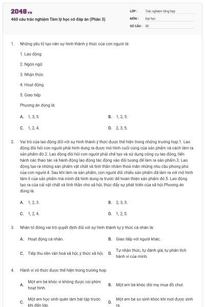 460 câu trắc nghiệm Tâm lý học có đáp án (Phần 3)