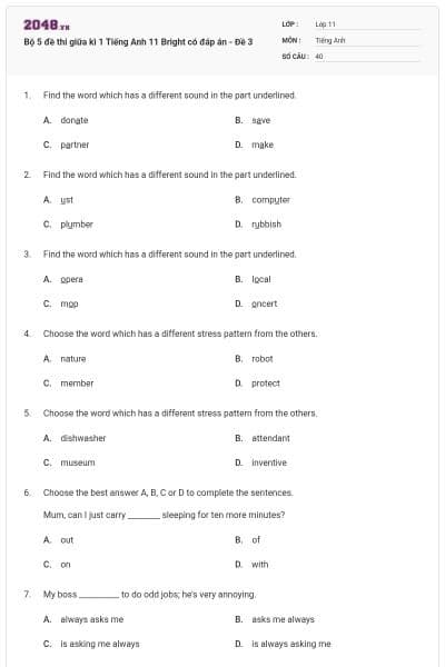 Bộ 5 đề thi giữa kì 1 Tiếng Anh 11 Bright có đáp án - Đề 3