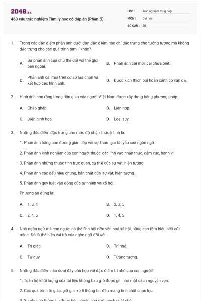 460 câu trắc nghiệm Tâm lý học có đáp án (Phần 5)