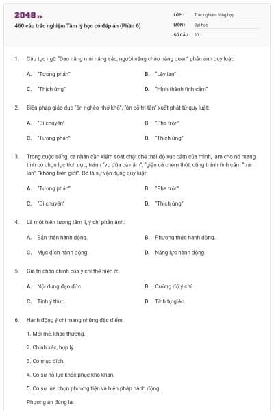 460 câu trắc nghiệm Tâm lý học có đáp án (Phần 6)