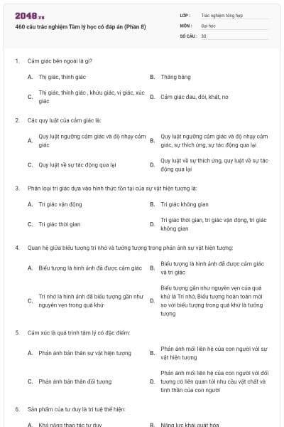 460 câu trắc nghiệm Tâm lý học có đáp án (Phần 8)