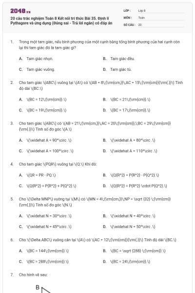 20 câu trắc nghiệm Toán 8 Kết nối tri thức Bài 35. Định lí Pythagore và ứng dụng (Đúng sai - Trả lời ngắn) có đáp án