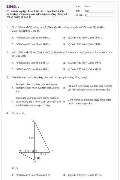20 câu trắc nghiệm Toán 8 Kết nối tri thức Bài 36. Các trường hợp đồng dạng của hai tam giác vuông (Đúng sai - Trả lời ngắn) có đáp án