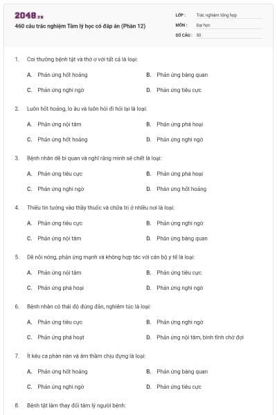 460 câu trắc nghiệm Tâm lý học có đáp án (Phần 12)