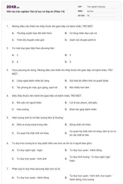 460 câu trắc nghiệm Tâm lý học có đáp án (Phần 14)