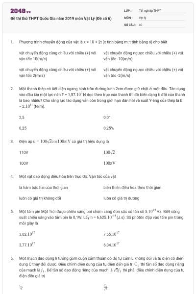 Đề thi thử THPT Quốc Gia năm 2019 môn Vật Lý (Đề số 6)