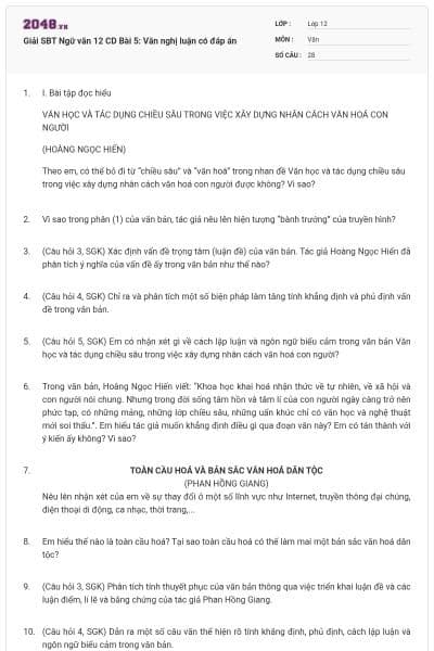 Giải SBT Ngữ văn 12 CD Bài 5: Văn nghị luận có đáp án