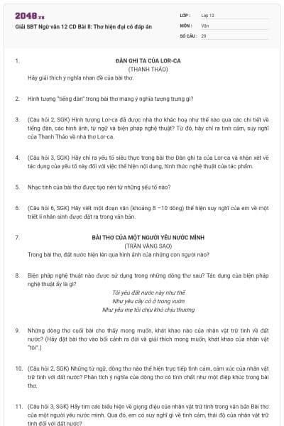 Giải SBT Ngữ văn 12 CD Bài 8: Thơ hiện đại có đáp án