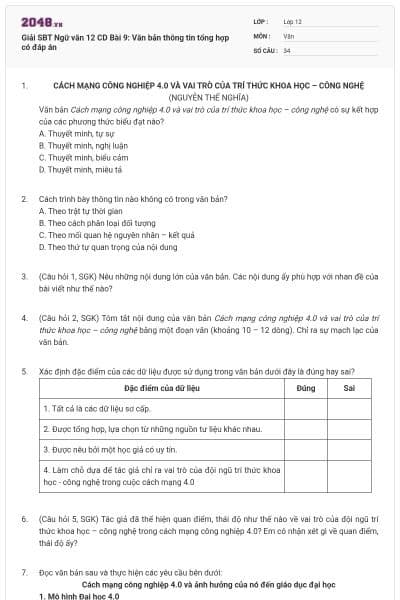 Giải SBT Ngữ văn 12 CD Bài 9: Văn bản thông tin tổng hợp có đáp án