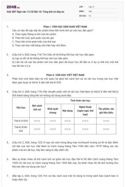 Giải SBT Ngữ văn 12 CD Bài 10: Tổng kết có đáp án