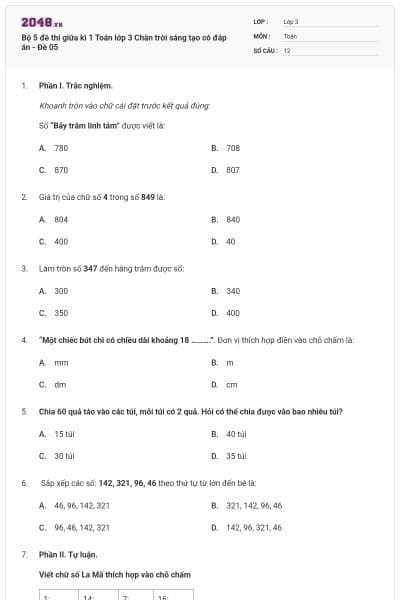Bộ 5 đề thi giữa kì 1 Toán lớp 3 Chân trời sáng tạo có đáp án - Đề 05
