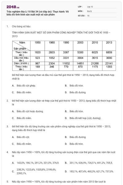 Trắc nghiệm Địa Lí 10 Bài 34 (có đáp án): Thực hành: Vẽ biểu đồ tình hình sản xuất một số sản phẩm