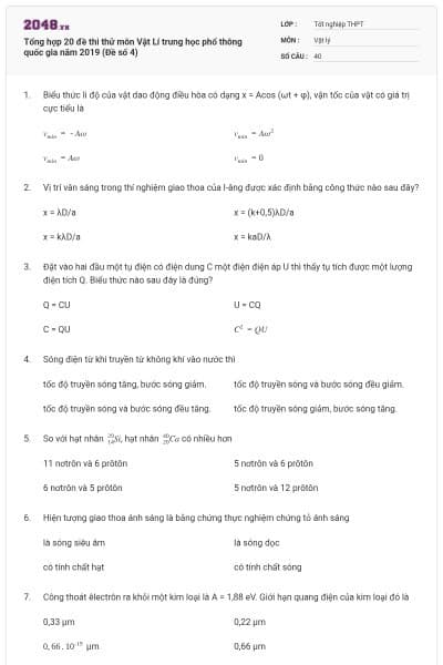 Tổng hợp 20 đề thi thử môn Vật Lí trung học phổ thông quốc gia năm 2019 (Đề số 4)