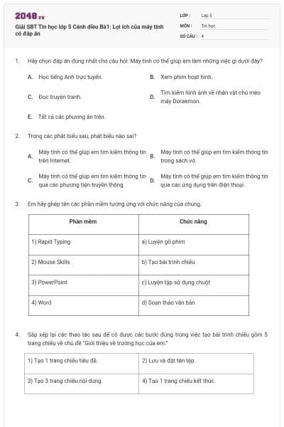 Giải SBT Tin học lớp 5 Cánh diều Bà1: Lợi ích của máy tính có đáp án