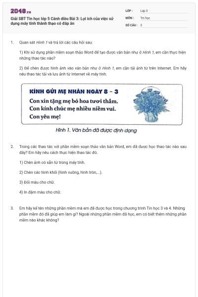 Giải SBT Tin học lớp 5 Cánh diều Bài 3: Lợi ích của việc sử dụng máy tính thành thạo có đáp án
