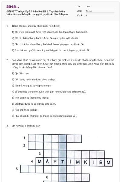 Giải SBT Tin học lớp 5 Cánh diều Bài 2: Thực hành tìm kiếm và chọn thông tin trong giải quyết vấn đề có đáp án