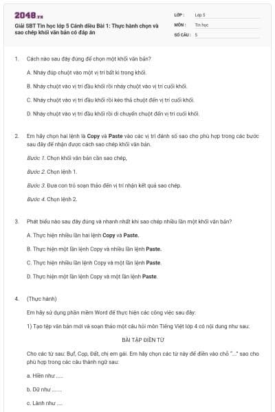 Giải SBT Tin học lớp 5 Cánh diều Bài 1: Thực hành chọn và sao chép khối văn bản có đáp án