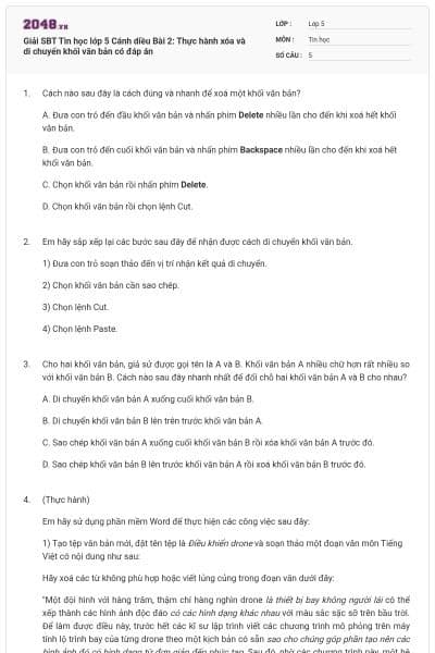 Giải SBT Tin học lớp 5 Cánh diều Bài 2: Thực hành xóa và di chuyển khối văn bản có đáp án