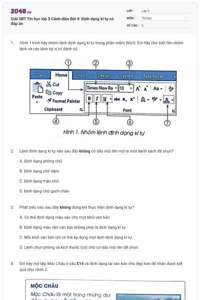 Giải SBT Tin học lớp 5 Cánh diều Bài 4: Định dạng kí tự có đáp án