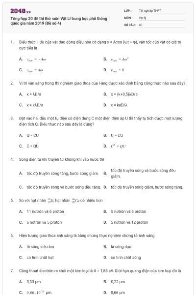 Tổng hợp 20 đề thi thử môn Vật Lí trung học phổ thông quốc gia năm 2019 (Đề số 4)