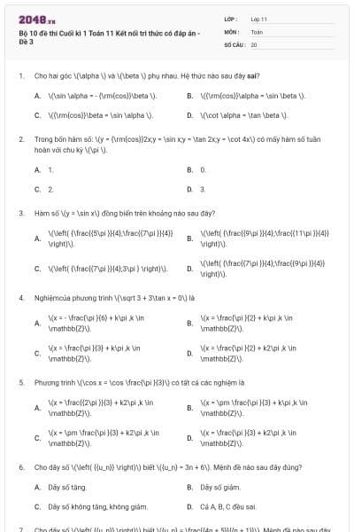 Bộ 10 đề thi Cuối kì 1 Toán 11 Kết nối tri thức có đáp án - Đề 3