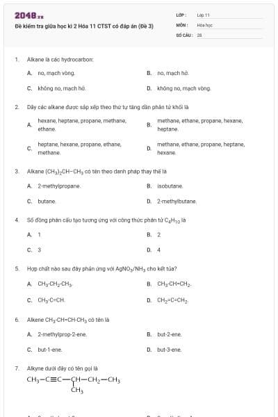 Đề kiểm tra giữa học kì 2 Hóa 11 CTST có đáp án (Đề 3)