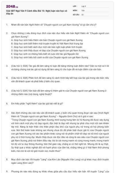 Giải SBT Ngữ Văn 9 Cánh diều Bài 10. Nghị luận văn học có đáp án