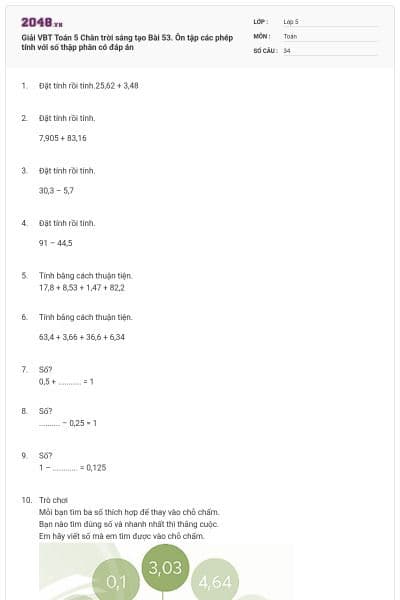 Giải VBT Toán 5 Chân trời sáng tạo Bài 53. Ôn tập các phép tính với số thập phân có đáp án