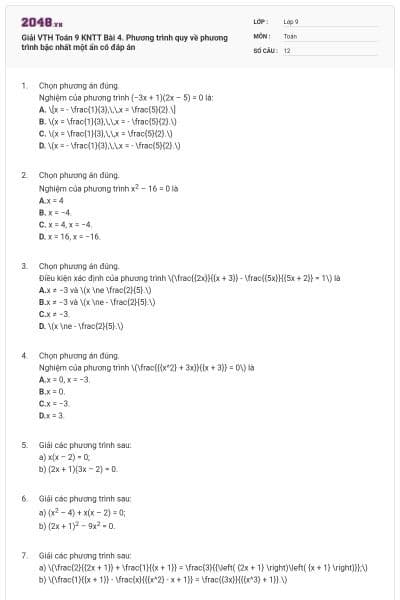 Giải VTH Toán 9 KNTT Bài 4. Phương trình quy về phương trình bậc nhất một ẩn có đáp án