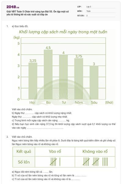 Giải VBT Toán 5 Chân trời sáng tạo Bài 55. Ôn tập một số yếu tố thống kê và xác suất có đáp án