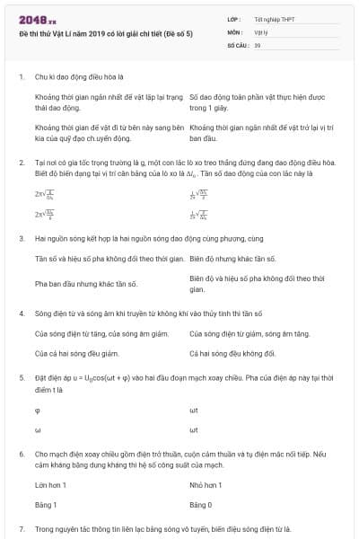 Đề thi thử Vật Lí năm 2019 có lời giải chi tiết (Đề số 5)