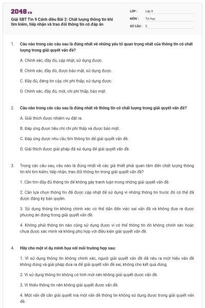 Giải SBT Tin 9 Cánh diều Bài 2: Chất lượng thông tin khi tìm kiếm, tiếp nhận và trao đổi thông tin có đáp án