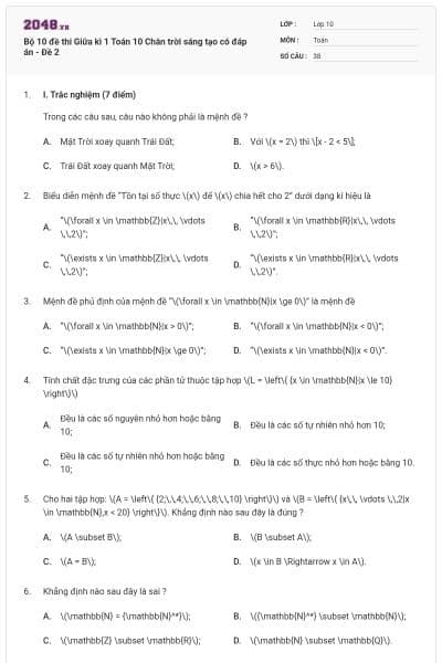 Bộ 10 đề thi Giữa kì 1 Toán 10 Chân trời sáng tạo có đáp án - Đề 2