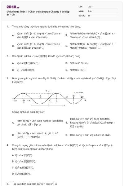 Đề kiểm tra Toán 11 Chân trời sáng tạo Chương 1 có đáp án - Đề 1