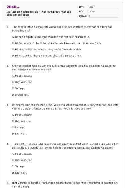 Giải SBT Tin 9 Cánh diều Bài 1: Xác thực dữ liệu nhập vào bằng tính có đáp án