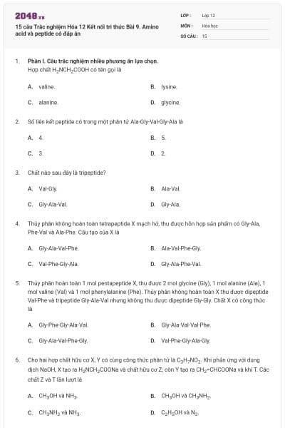 15 câu Trắc nghiệm Hóa 12 Kết nối tri thức Bài 9. Amino acid và peptide có đáp án