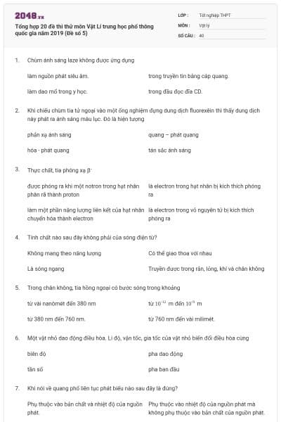 Tổng hợp 20 đề thi thử môn Vật Lí trung học phổ thông quốc gia năm 2019 (Đề số 5)