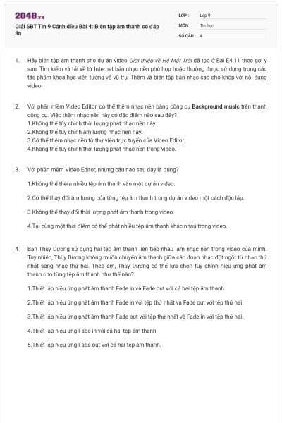 Giải SBT Tin 9 Cánh diều Bài 4: Biên tập âm thanh có đáp án