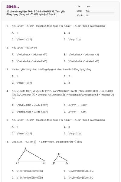 20 câu trắc nghiệm Toán 8 Cánh diều Bài 32. Tam giác đồng dạng (Đúng sai - Trả lời ngắn) có đáp án