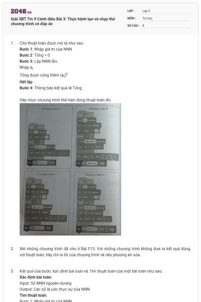 Giải SBT Tin 9 Cánh diều Bài 3: Thực hành tạo và chạy thử chương trình có đáp án