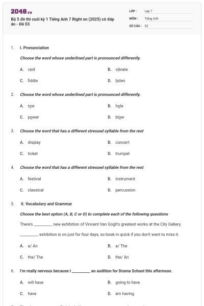 Bộ 5 đề thi cuối kỳ 1 Tiếng Anh 7 Right on (2025) có đáp án - Đề 03