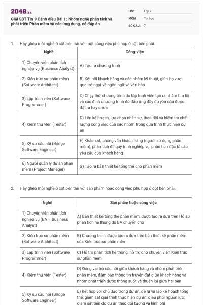 Giải SBT Tin 9 Cánh diều Bài 1: Nhóm nghề phân tích và phát triển Phần mềm và các ứng dụng. có đáp án
